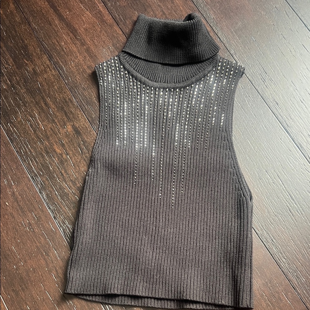 Zara Black Ribbed Sleeveless Turtleneck with Stud Accents